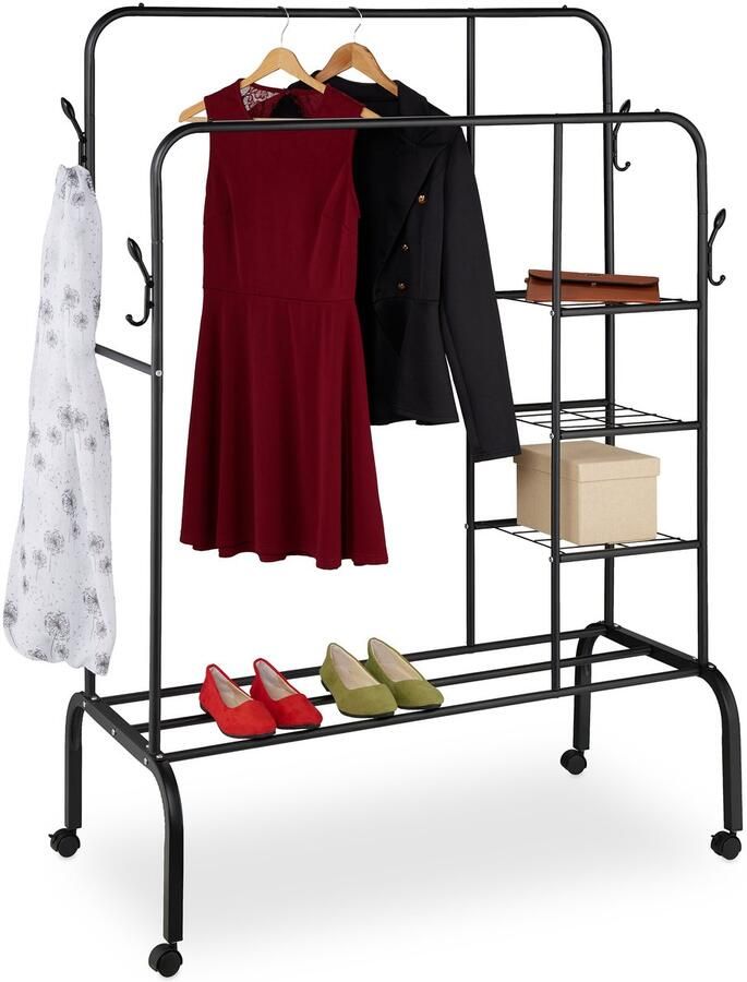 Kledingrek op wielen 154x110x55 cm met planken dubbel zwart