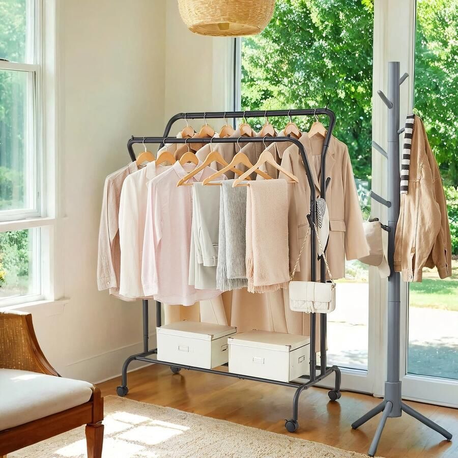 Kledingrek op wielen 2 kledingroedes kledingkastroede