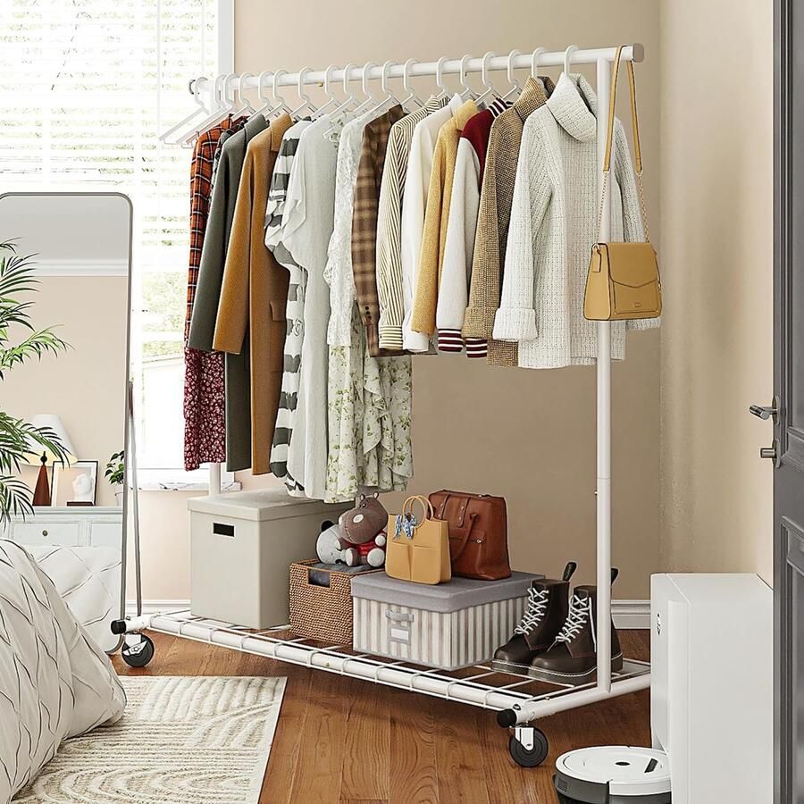 Kledingrek op wielen draagbare kledingrails voor slaapkamer 90 kg belasting zwaar belastbaar metalen kledingrek vrijstaande kledingstang inklapbare ophangrail met wielen wit