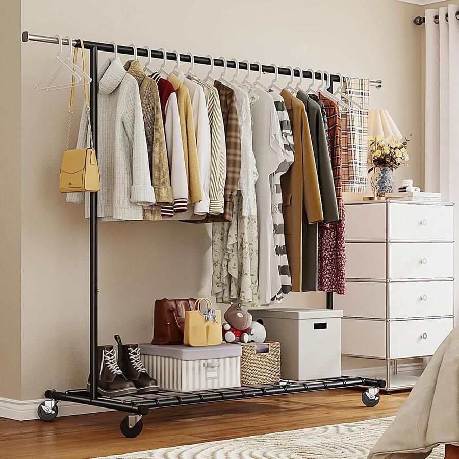 Kledingrek op wielen draagbare kledingrails voor slaapkamer 90 kg belasting zwaar uitgevoerde kledingrek metalen kledingrek vrijstaande kledingstang inklapbare ophangrail met wielen zwart