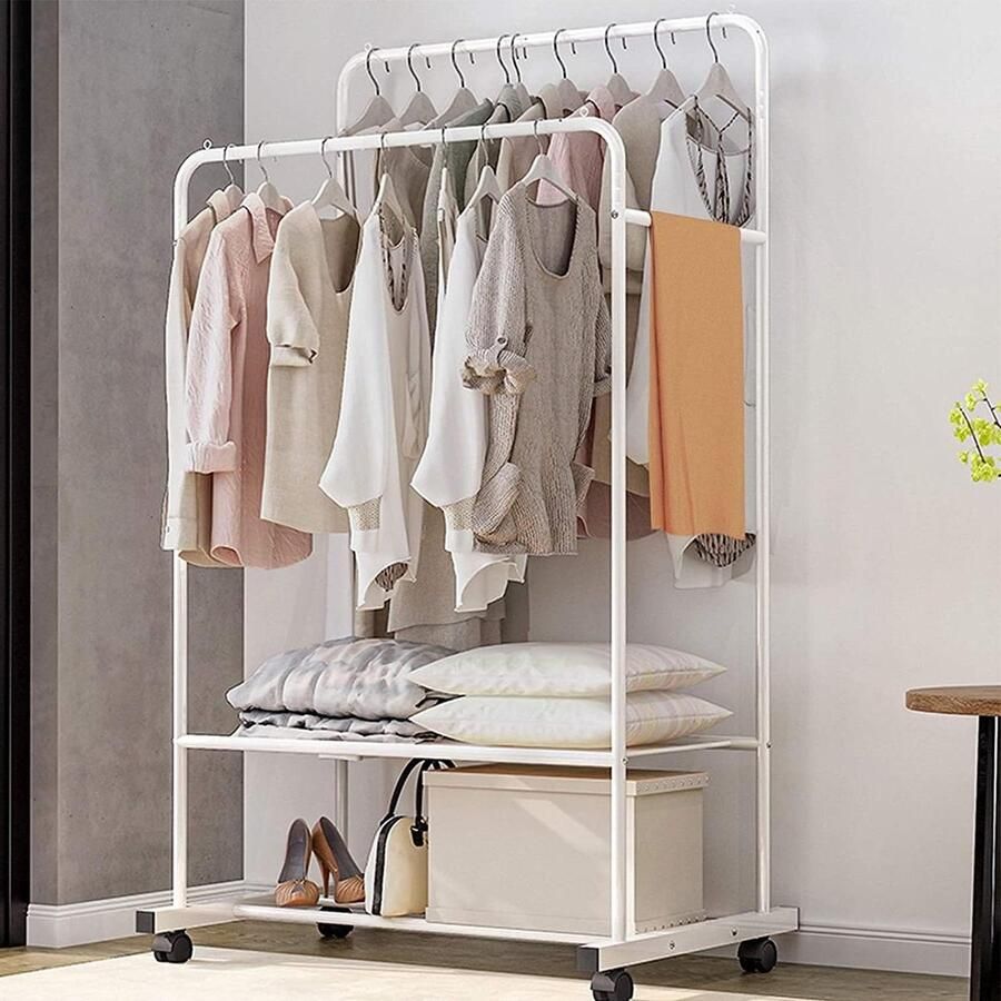 Kledingrek op wielen heavy duty rolling kledingrek kledingorganizer multifunctioneel slaapkamer kledingrek (wit) met wielen Opvouwbare kledingrek
