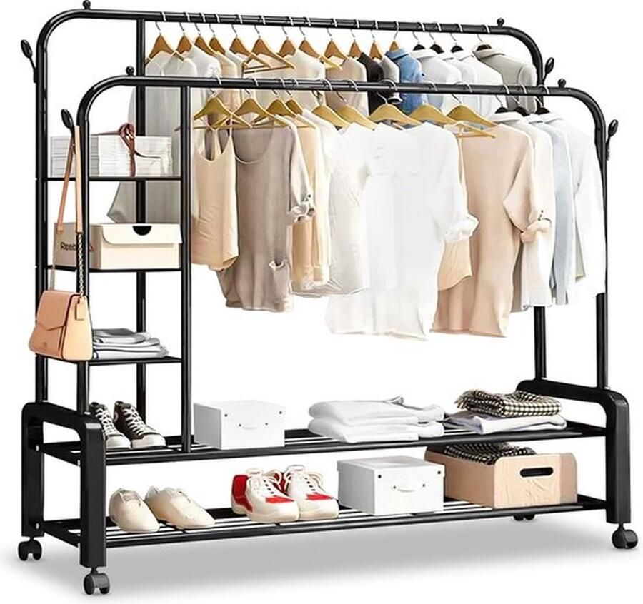 PolkaHome kledingrek op wielen kledingstang rollen kledingrek stabiel kledingrek zwart kledingrek met wielen met twee kledingstangen