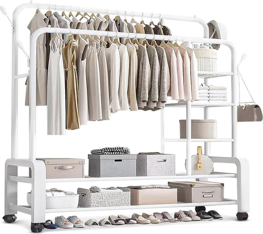 Kledingrek op Wielen met Dubbele Kledingstangen en Extra Opbergruimte