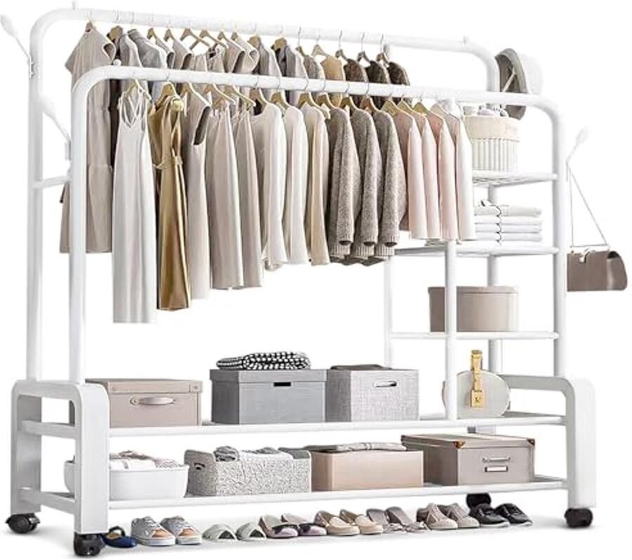 Kledingrek op Wielen met Twee Stangen Stabiele en Ruimtebesparende Oplossing