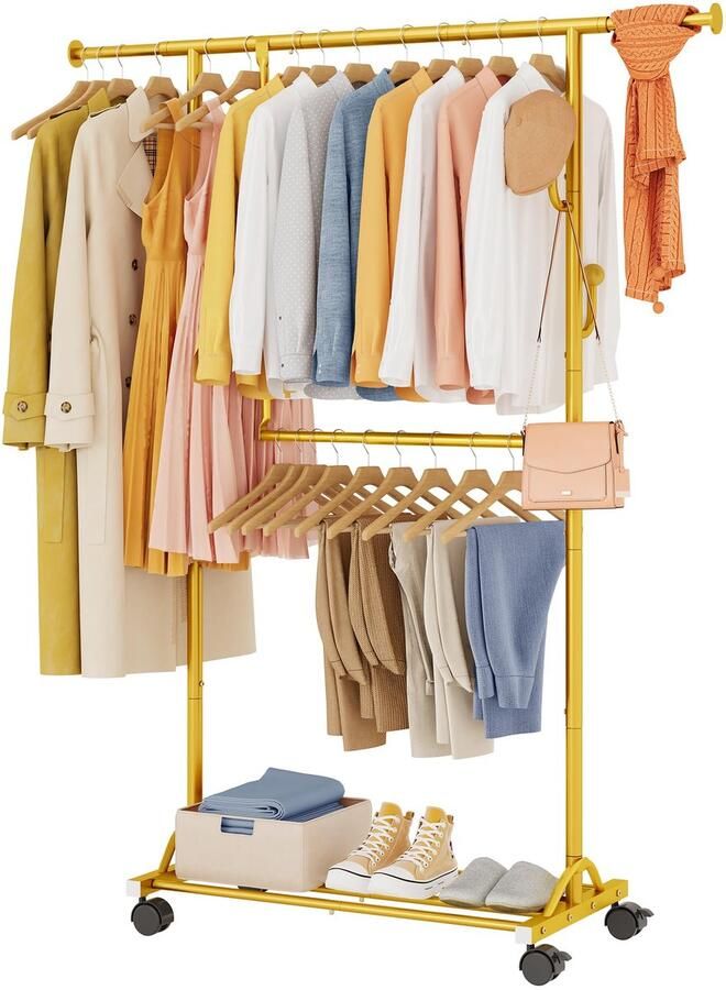 Kledingrek op Wielen met Verstelbare Opbergruimte en Gouden Afwerking voor Thuisgebruik