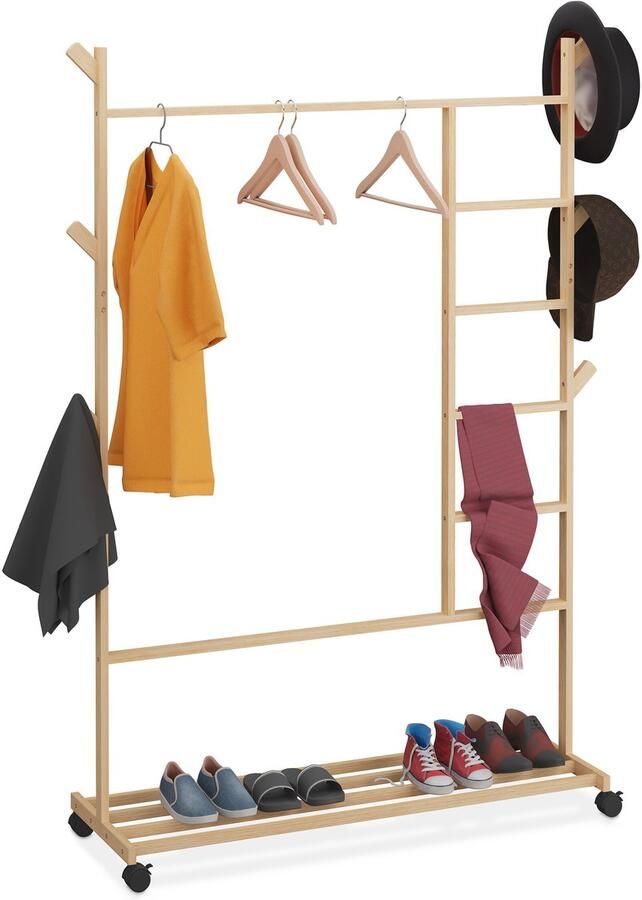 Relaxdays kledingrek op wielen schoenenplank 154 x 114 x 33 cm bamboe slaapkamer