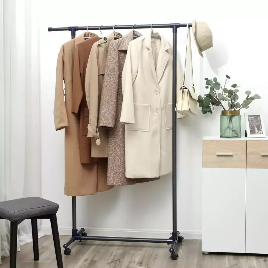Kledingrek op wielen uittrekbare kapstok stabiele kledingroede (87-150) x 44 x 165 cm voor jassen jurken sjaals tassen mat zwart-blauw LLR11BQ