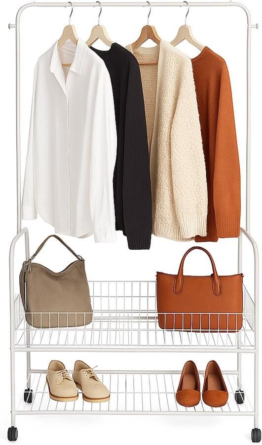 Kledingrek op wieltjes 165x90x30 cm met schoenenrek metaal wit