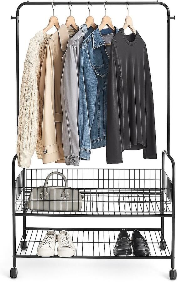 Kledingrek op wieltjes 165x90x30 cm met schoenenrek metaal zwart