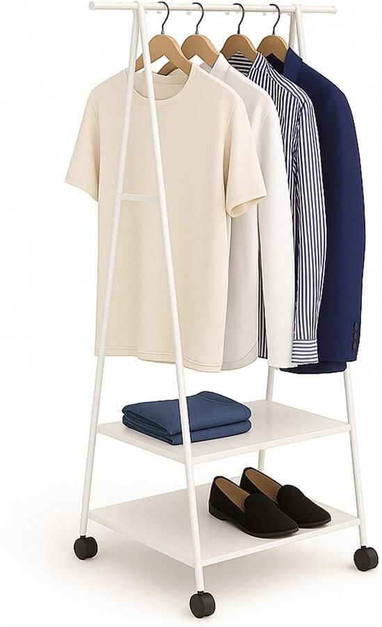Kledingrek op wieltjes 2 stoffen planken 160x55x42 cm metaal wit