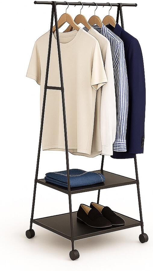 Kledingrek op wieltjes 2 stoffen planken 160x55x42 cm metaal zwart