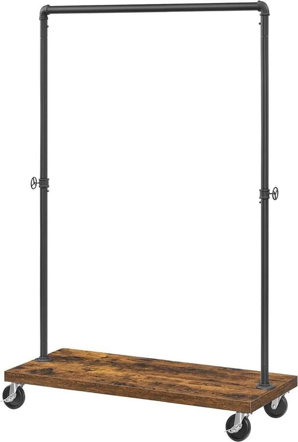 Kledingrek op wieltjes garderobe kledingstang tot 90 kg industrieel design vintage bruin-zwart kledingrek
