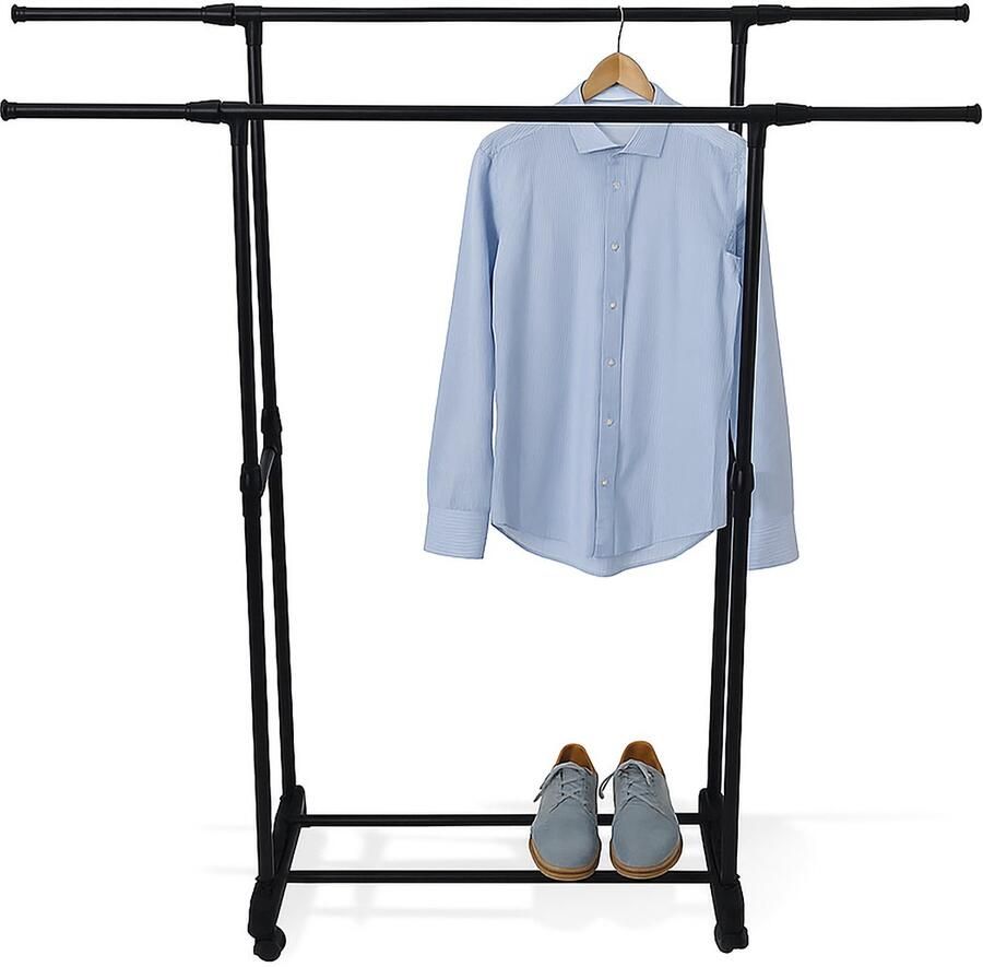 Kledingrek op wieltjes h: 91-158 cm b: 89-145 cm dubbel metaal