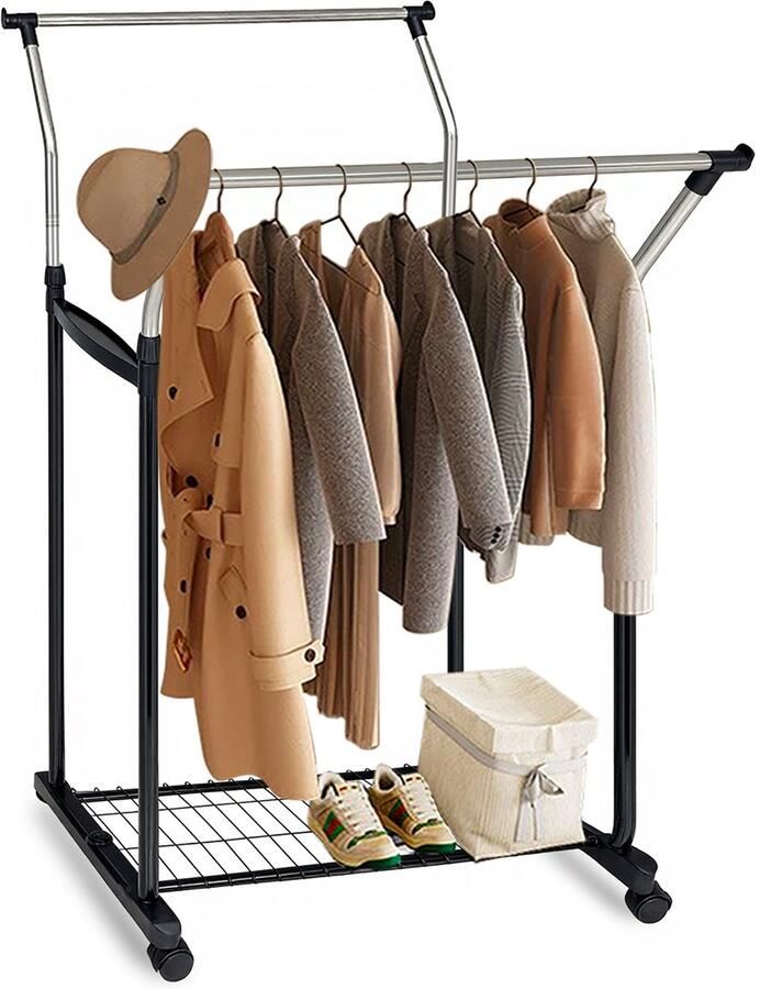 Kledingrek op wieltjes hoogte verstelbaar 108-160 cm rvs