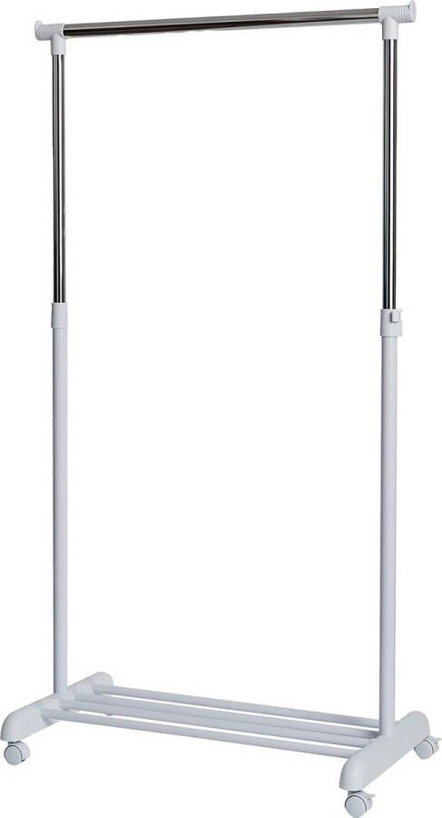 Kledingrek op wieltjes in hoogte verstelbare kapstok met 1 kledingstang en plank zeer stabiel wit chroom
