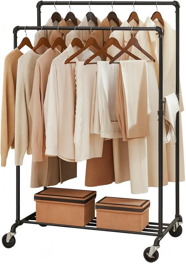 Kledingrek op wieltjes Kledingrek Metaal Kledinghangers Kleding Rek Zwart Op wieltjes 2 Hoogtes Zwart 100x59x162 Max 110 KG belastbaar