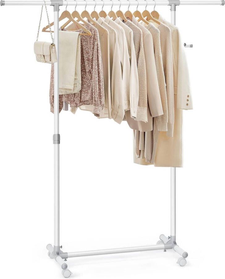Kledingrek op wieltjes kledingstang in hoogte verstelbaar tussen 97 en 165 cm uittrekbare garderobestang zijhaken voor accessoires wit