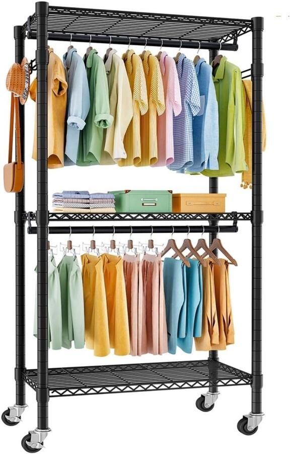 Retadou Kledingrek op wieltjes kledingstang zware belasting kledingrek metalen kapstok kledinghanger kledingkast met 3 kledingstangen en plank haken (zwart 41 D x 81 B x 210 H)