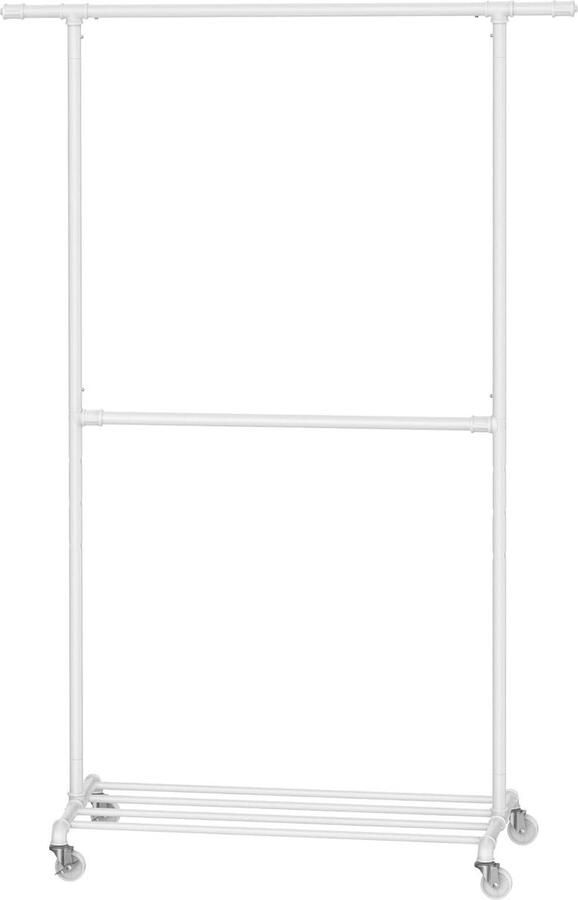 Kledingrek op wieltjes met 2 stangen en plank tot 110 kg belastbaar klassiek wit Opvouwbare kledingrek