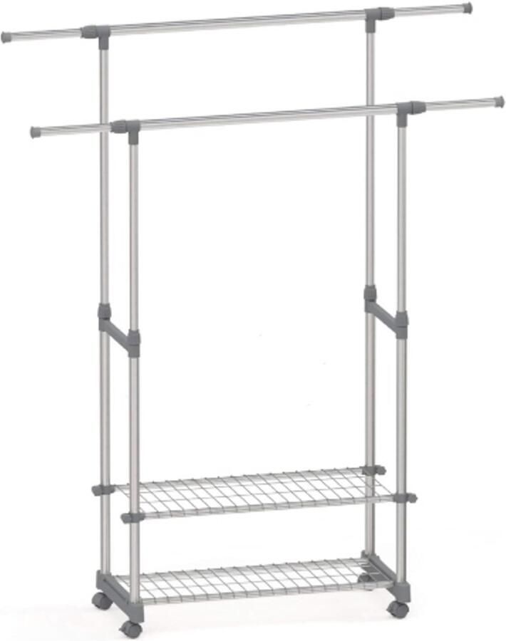 Retadou Kledingrek op wieltjes met planken uittrekbaar in hoogte verstelbaar dubbele roestvrijstalen kledingstang grijs stabiel belastbaar garderobe kledingwagen 90-153 x 42 x 95 170 cm (b