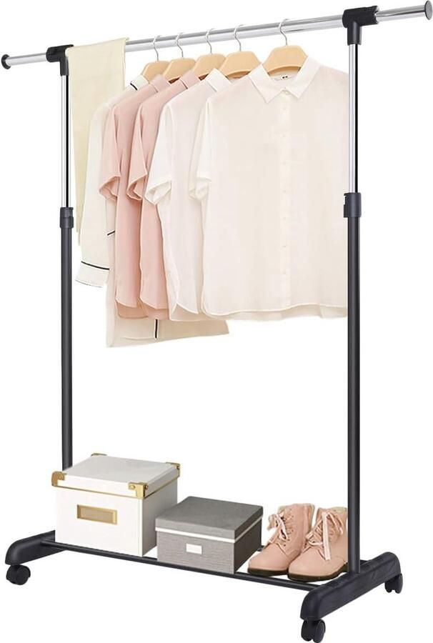 Kledingrek op wieltjes met verstelbare kledingstang en opbergruimte