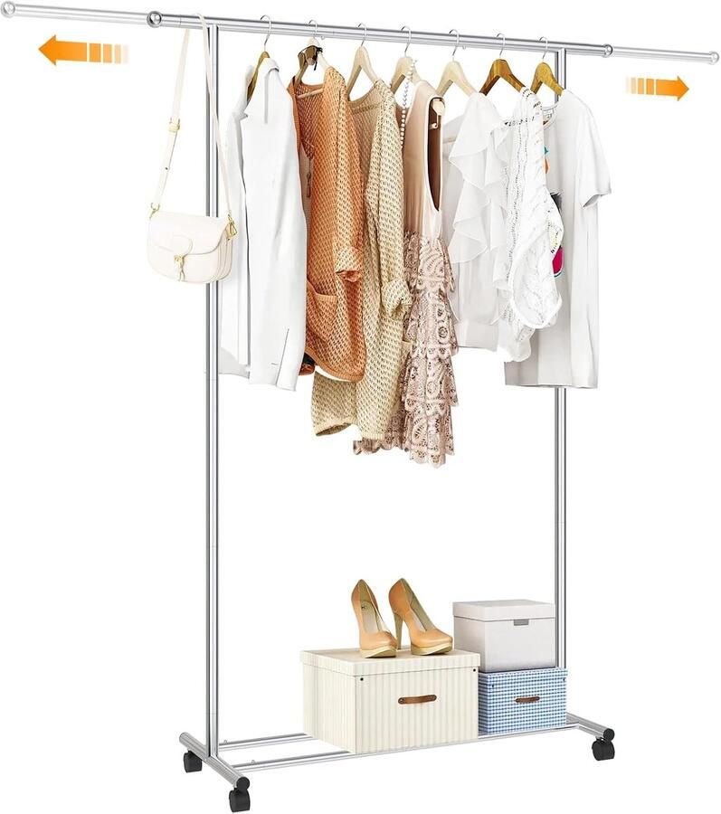 Kledingrek op wieltjes metalen kledingstang met wieltjes stabiele kledingstang met uittrekbaar garderobestand kledingstang voor slaapkamer