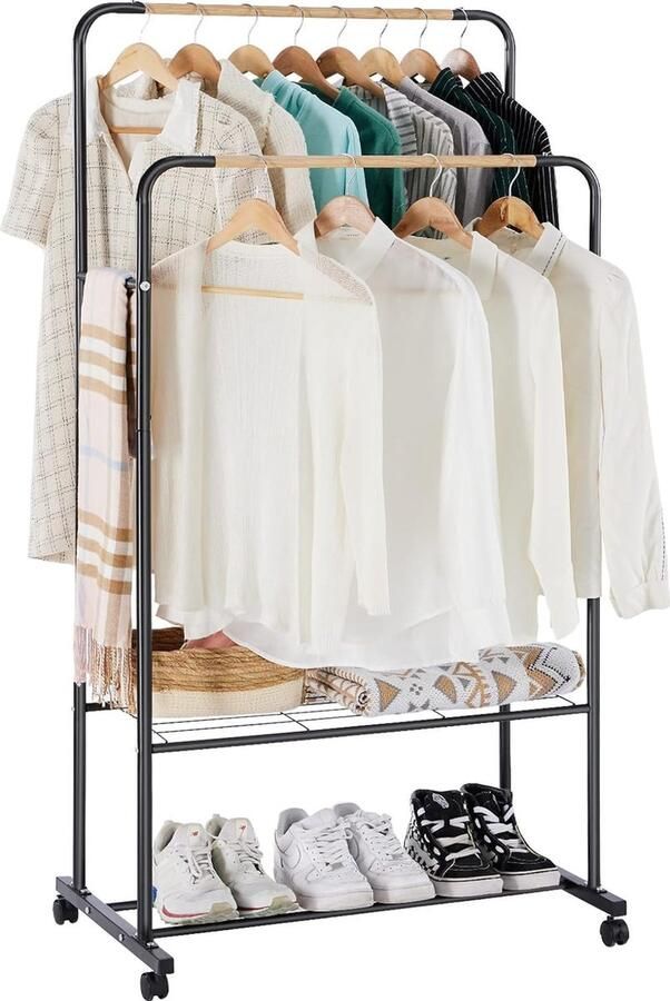 Kledingrek op wieltjes stabiele kapstok van metaal dubbele kledingstangen met 2 planken belastbaar industriële stijl 82 x 51 x 155 cm zwart
