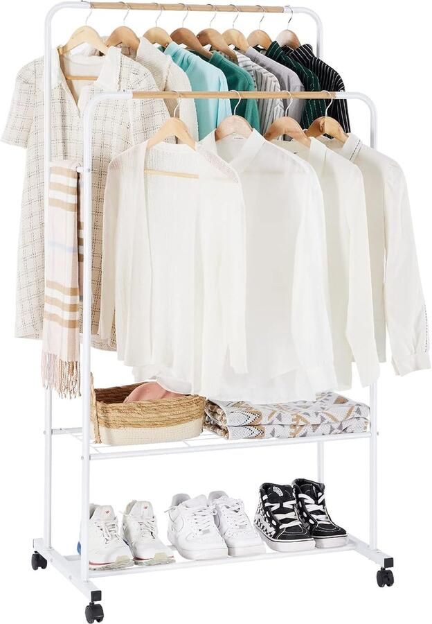 Kledingrek op wieltjes stabiele kapstok van metaal dubbele kledingstangen met 2 planken belastbaar industriële stijl 82 x 51 x 155 cm wit