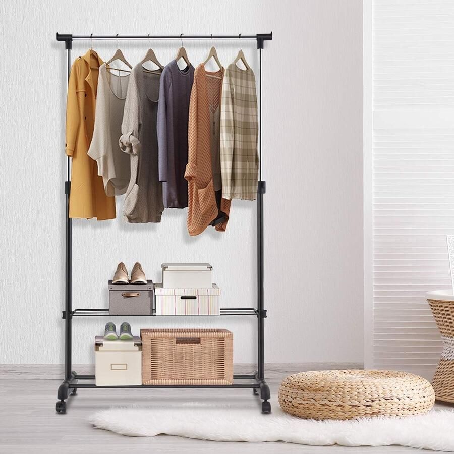 Kledingrek op Wieltjes Verstelbaar Wasrek met Opbergvakken voor Kleding en Schoenen Vrijstaande Kapstok metaal voor Slaapkamer en Badkamer