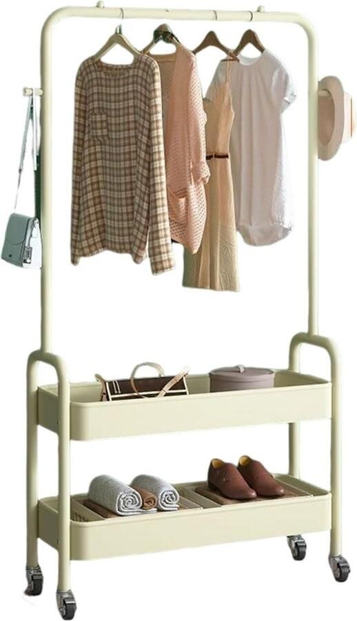 Orion Store Kledingrek op Wieltjes Witte Kapstok op Wieltjes met Opbergmand en Kledingstang 67x30x160 cm Stijlvol en Functioneel Kleerhanger voor Hal Slaapkamer Woonkamer en Wasruimte Duurzaam en Mobiel