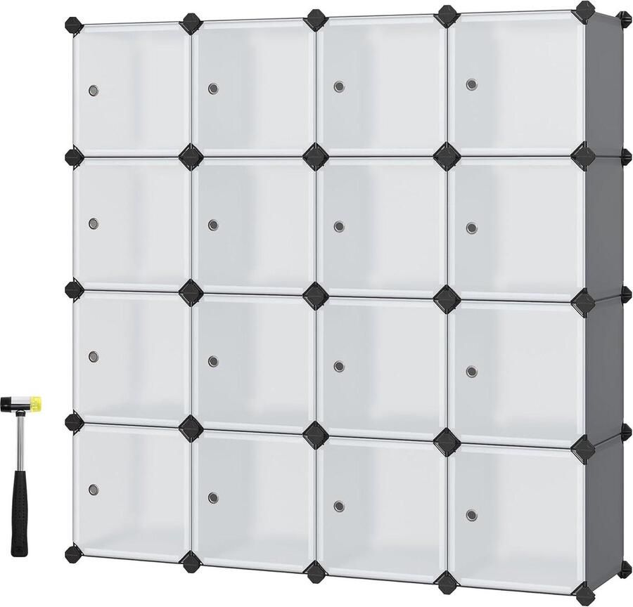 Kledingrek Opbergkast modulair 16 vakken kunststof rek met deuren voor kleding-schoenen eenvoudige montage grijs LPC443G01