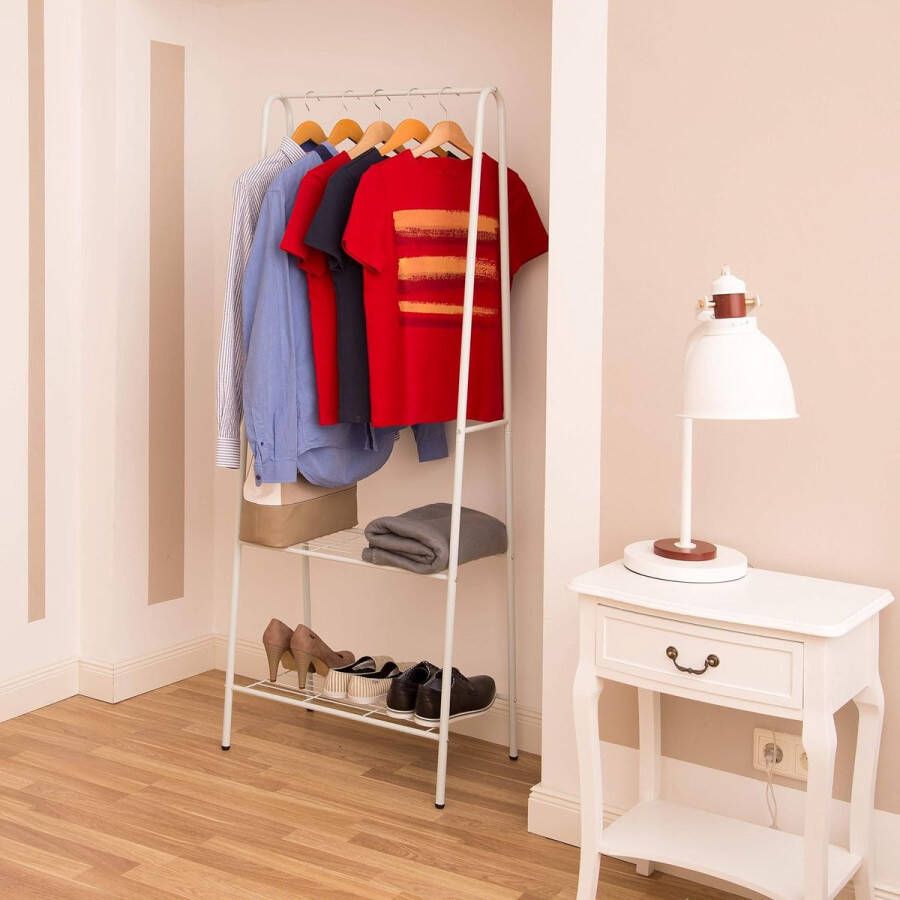 Kledingrek 2 etages metaal garderoberek met 1 kledingstang wit – 160x61 5x38 cm