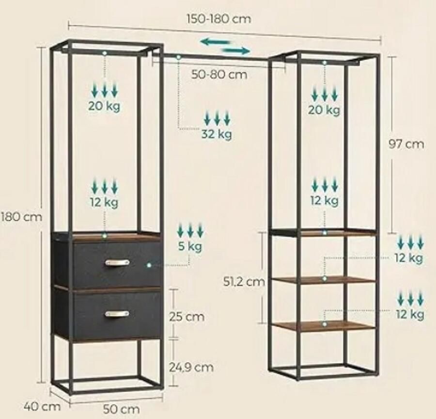 Kledingrek Open Kast Bruin Standaard Garderobe 2 Laden & 4 Planken 2 Kledingstangen + Uitschuifbare Stang MDF & Stalen Frame Max. 130 kg Draagvermogen Compact & Multifunctioneel