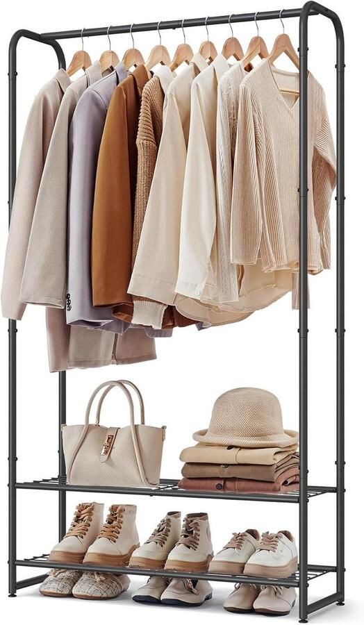 Kledingrek open kledingkast kledingstang kapstok met planken van metaal vrijstaand 29 x 73 x 1584 cm matzwart LGR461B01