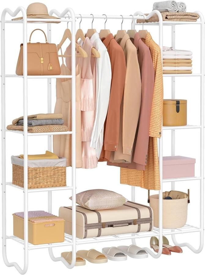 Kledingrek open kledingkast met 5 planken stabiel metalen frame in wit voor slaapkamer woonkamer 12590 x 3900 x 16000 cm