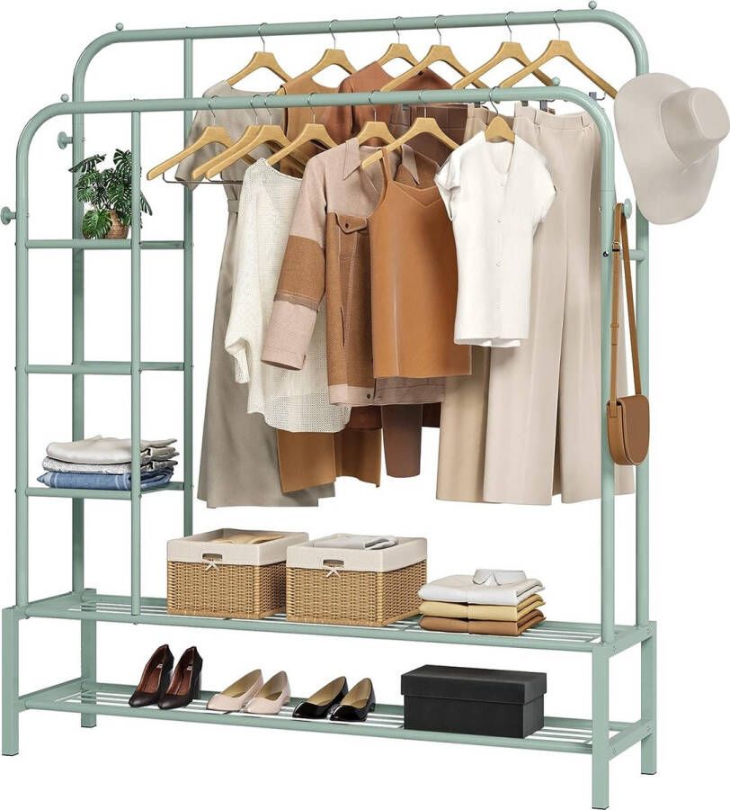 Kledingrek Open kleerkast kapstokken metalen kledingstang mobiel Kapstok Vrijstaande hanger Dubbele Stangen multifunctionele slaapkamer kledingrek