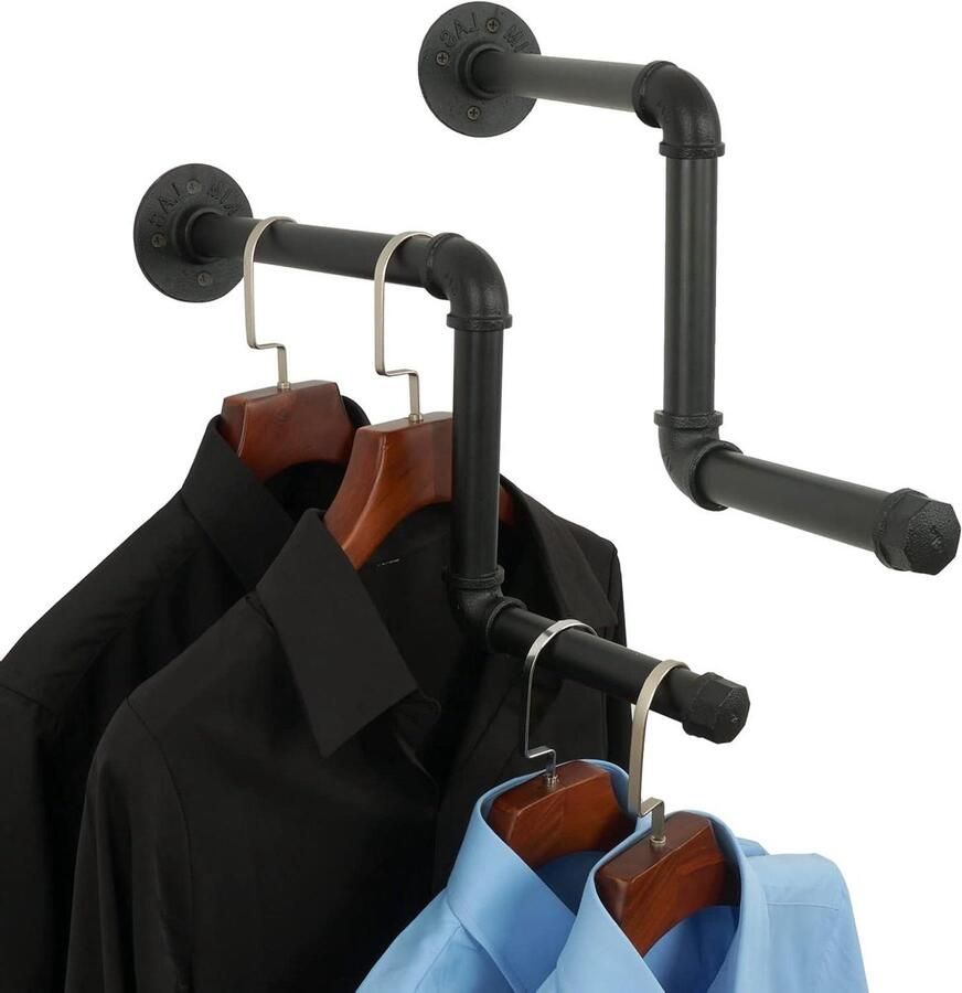 2Pack Afneembaar DIY Wandmontage Industrieel Kledingrek Pijp Kleding Opknoping Rack voor Thuis en Kledingwinkel (Zwart) 46cm