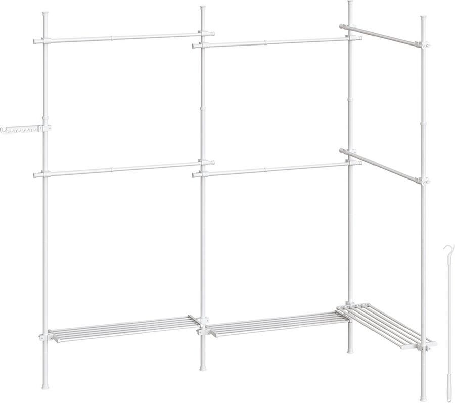 Plafondhoogte Kledingrek 3-laags open Telescopisch kledingrek verstelbaar kledingrek In hoogte en breedte verstelbare 2 uitneembare planken Handgreeparm wit