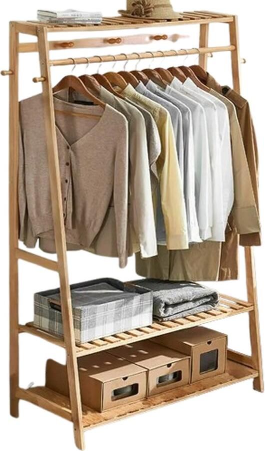 Kledingrek Rek Kledingstandaard Met ruimte voor schoenen Ophangen Kledingstang Bamboe Dressboy 80x43.5x165cm