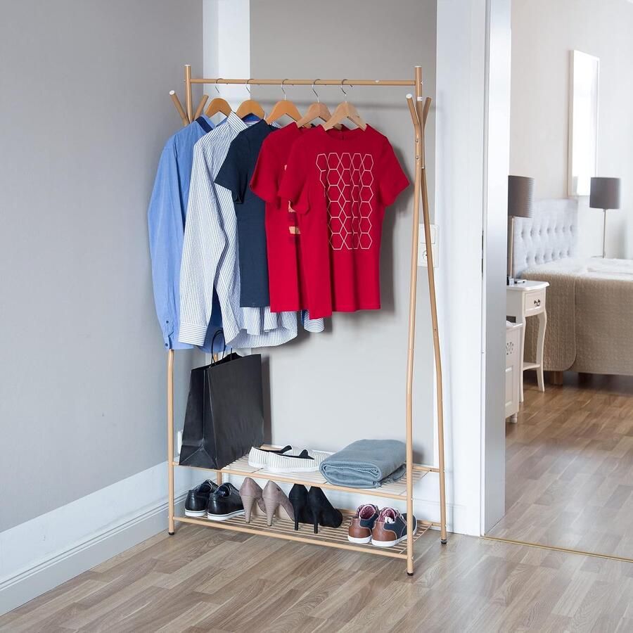 Schoenenrek met kapstok Kapstokstandaard halboom met schoenenopbergbank vrijstaande kapstok 40D x 90B x 162H centimeter