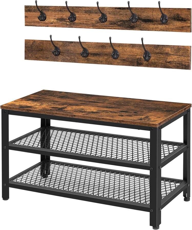 Coat Rack Shoe Bench Set with 9 Hooks Seat Sofa Plenty of Storage Space Metal Frame Industrial Design Vintage Brown-Black EBF17MT01 halmeubel met kapstok