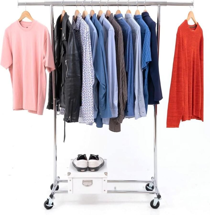 Kledingrek stabiel op wielen zware belasting tot 90 kg 1 minuut montage verstelbaar 91-132 x 45 x 160 cm verchroomd staal