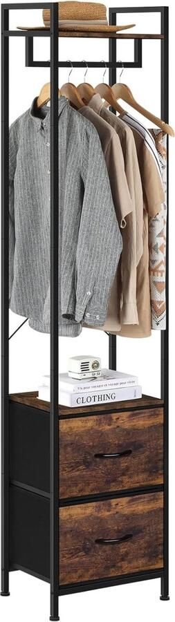 Kledingrek stabiel vrijstaand metalen frame kledingstang kleerhanger met lade smalle kapstok voor slaapkamer 180 x 40 x 30 cm vintage bruin
