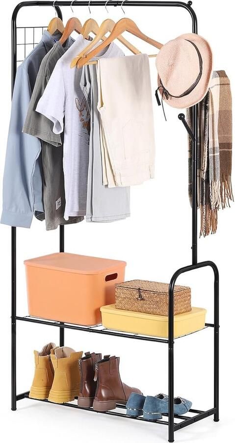 Kledingrek stabiele kledingstang van metaal kapstok met schoenenrek en haken vrijstaand kledingrek voor mantels overhemden rokken handtas hoed opbergen zwart