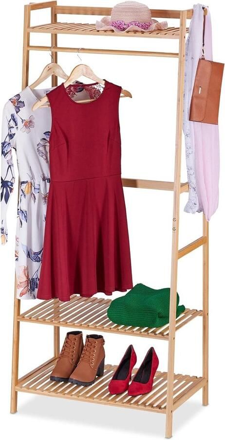 Kledingrek van bamboe met 3 planken en 2 haakjes Vrijstaand garderoberek Natuurlijk Afmetingen: 164x78x42 cm kledingrek