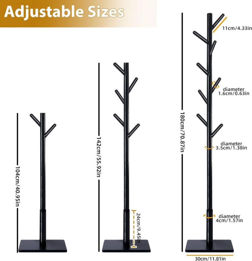 Kledingrek van massief hout boomvorm met anti-slip pad 180 cm hoogte met 8 haken en 3 verstelbare hoogtes voor ingangen woonkamer zwart 1 verpakking