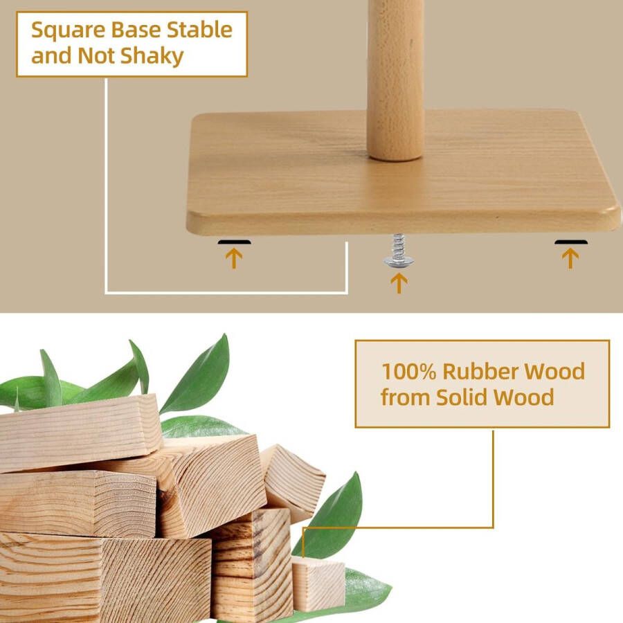 Kledingrek van massief hout garderobe in boomvorm met anti-slip pad 180 cm hoog met 8 haken en 3-verstelbare hoogtes voor ingangen natuurlijk 1 pak