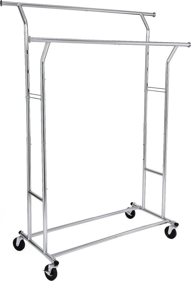 Kledingrek van metaal tot 110 kg belastbaar kapstok op wielen lengte 129-169 cm GrootVerchroomd verstelbaar stevig kledingrek