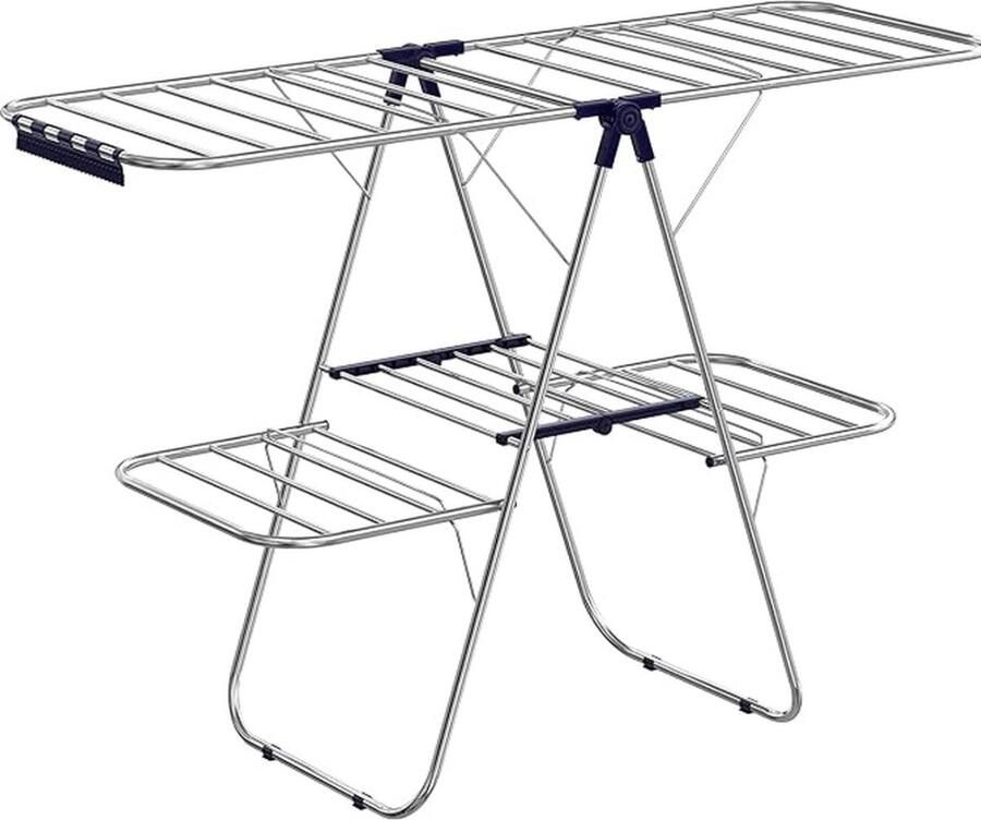 Kledingrek van roestvrij staal wasdroger met in hoogte verstelbare vleugels vleugel kledingrek met 2 niveaus voor sokken bedlinnen kleding opvouwbaar balkon stal blauwe