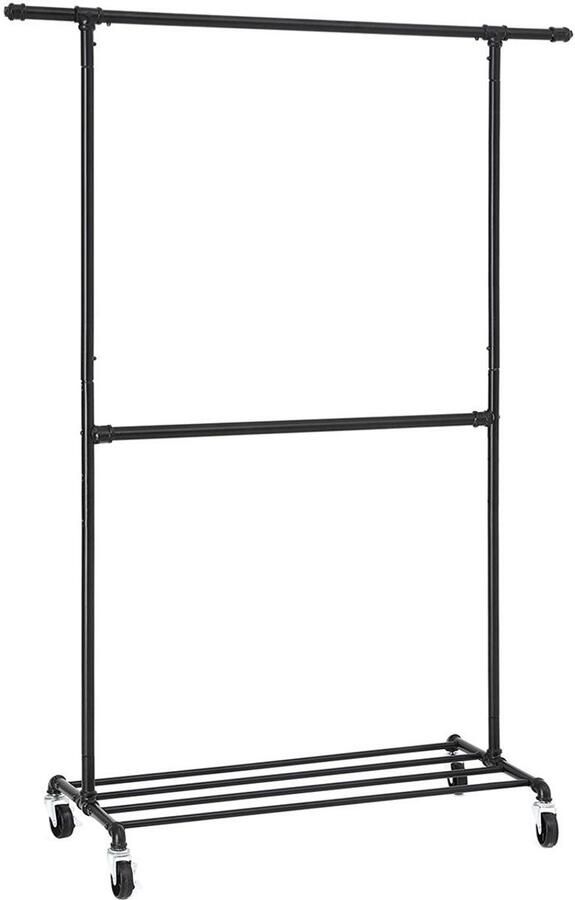 Kledingrek verplaatsbaar kledingrek met wieltjes en 2 hangstangen kan naar elke gewenste plek worden verplaatst maximale draagkracht 110 kg stevige en duurzame metalen constructie 130 x 49 x 198 cm zwart